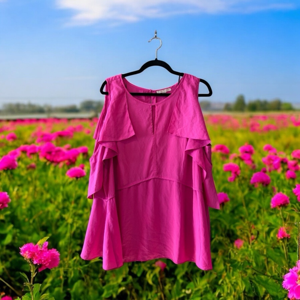 Gibson Latimer Vibrant Pink Cold Shoulder Ruffle Top